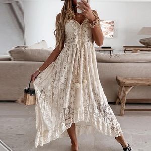 A Boho Ivory Soft Lace Crochet Midi Dress With Tassel Front, S to Plus Sizes